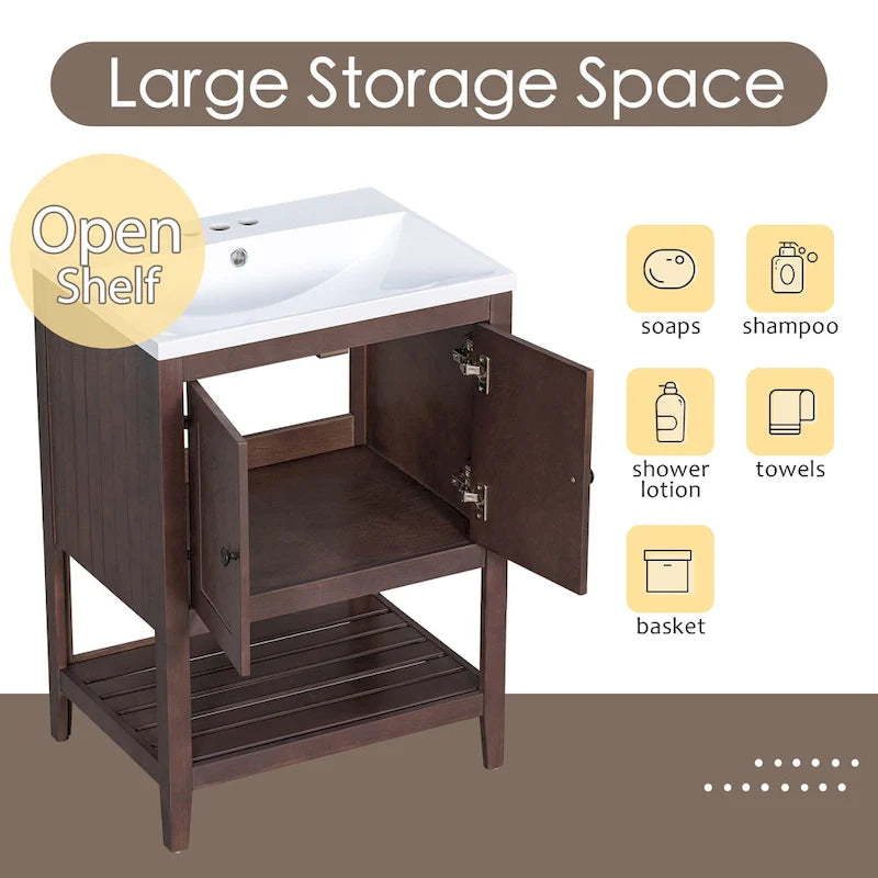 24 Mobile bagno moderno con lavabo in ceramica, struttura in legno e mobile con ripiani a giorno, adatto per cabina armadio, bagno