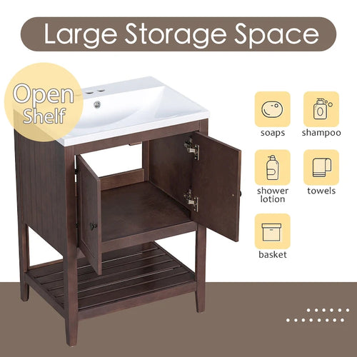 24 Mobile bagno moderno con lavabo in ceramica, struttura in legno e mobile con ripiani a giorno, adatto per cabina armadio, bagno