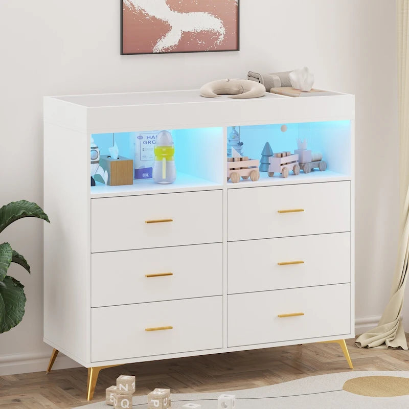 Comò per camera da letto con 6 cassetti, comò fasciatoio per neonati con materassino fasciatoio