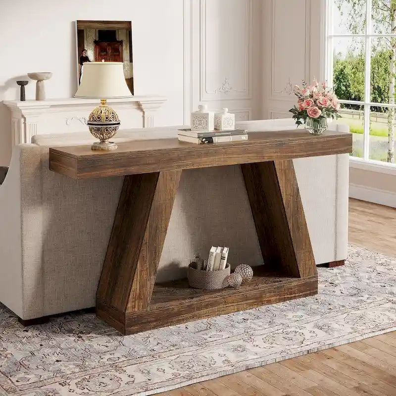 Tavolo Consolle da Ingresso Stile Rustico da 55 Pollici con Contenitore