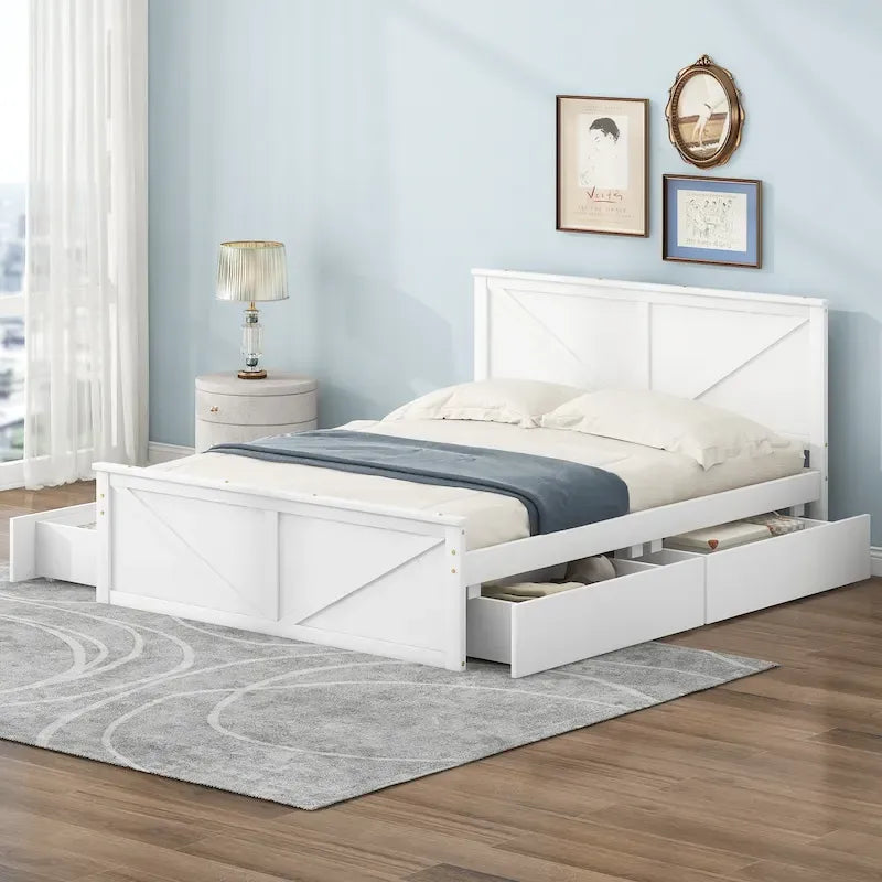 Letto matrimoniale "Queen Size" in legno anticato bianco con base a piattaforma e quattro cassetti contenitore