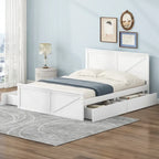 Letto matrimoniale "Queen Size" in legno anticato bianco con base a piattaforma e quattro cassetti contenitore