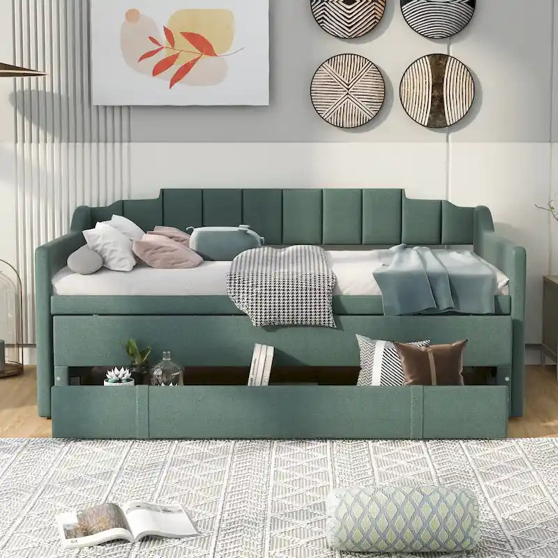 Divano letto imbottito singolo con letto estraibile e tre cassetti