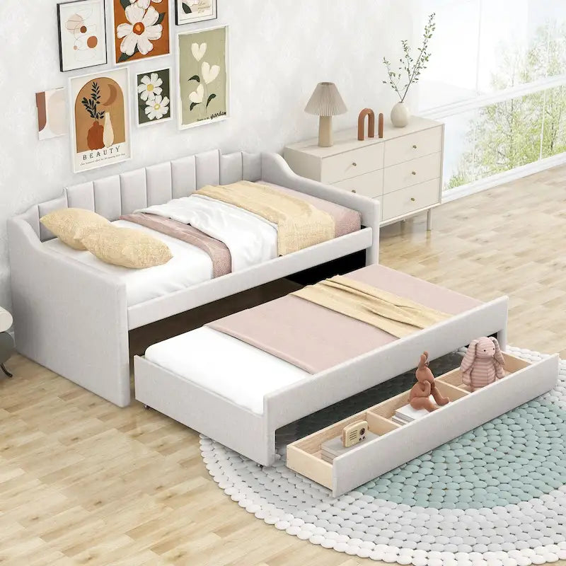 Divano letto imbottito singolo con letto estraibile e tre cassetti