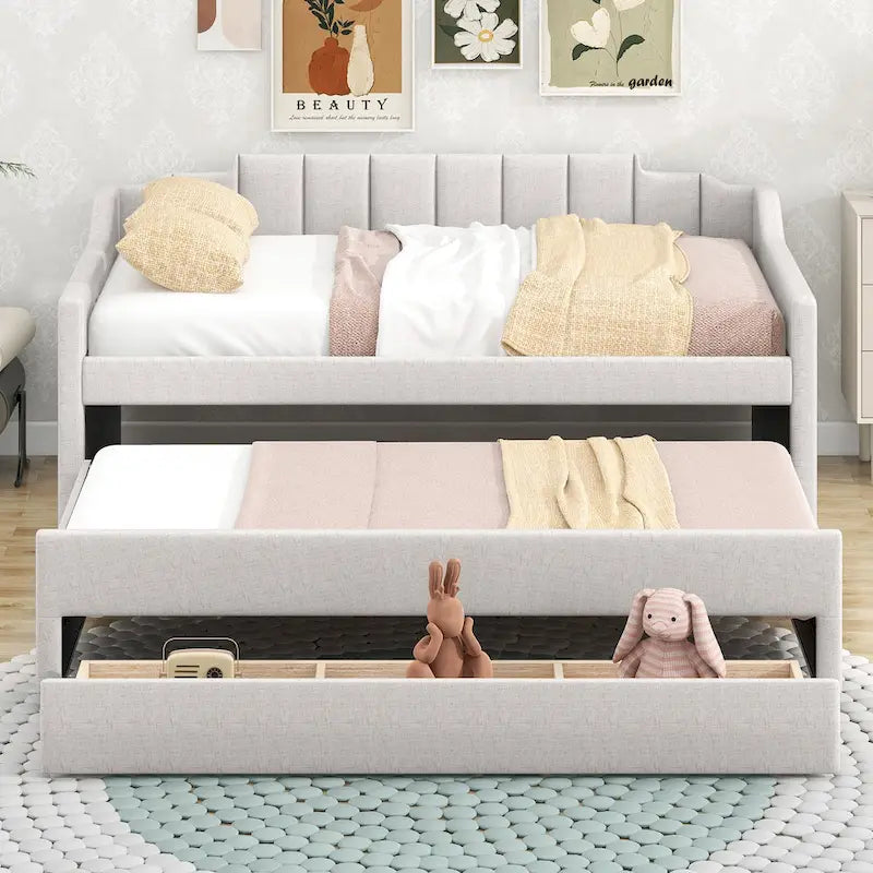 Divano letto imbottito singolo con letto estraibile e tre cassetti