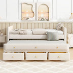 Divano letto imbottito singolo con rotelle e cassetti, in velluto, beige