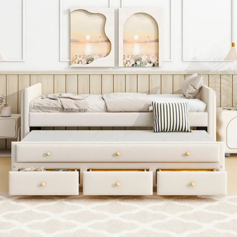 Divano letto imbottito singolo con rotelle e cassetti, in velluto, beige