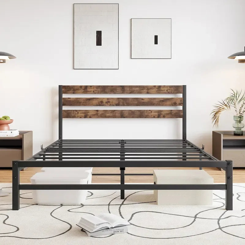 Base per letto a piattaforma Queen Size con testiera rustica vintage in legno, robusto supporto a doghe in metallo per materasso