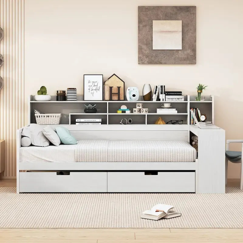 Divano letto singolo in legno con mensole portaoggetti, letto multifunzione con due cassetti e scrivania