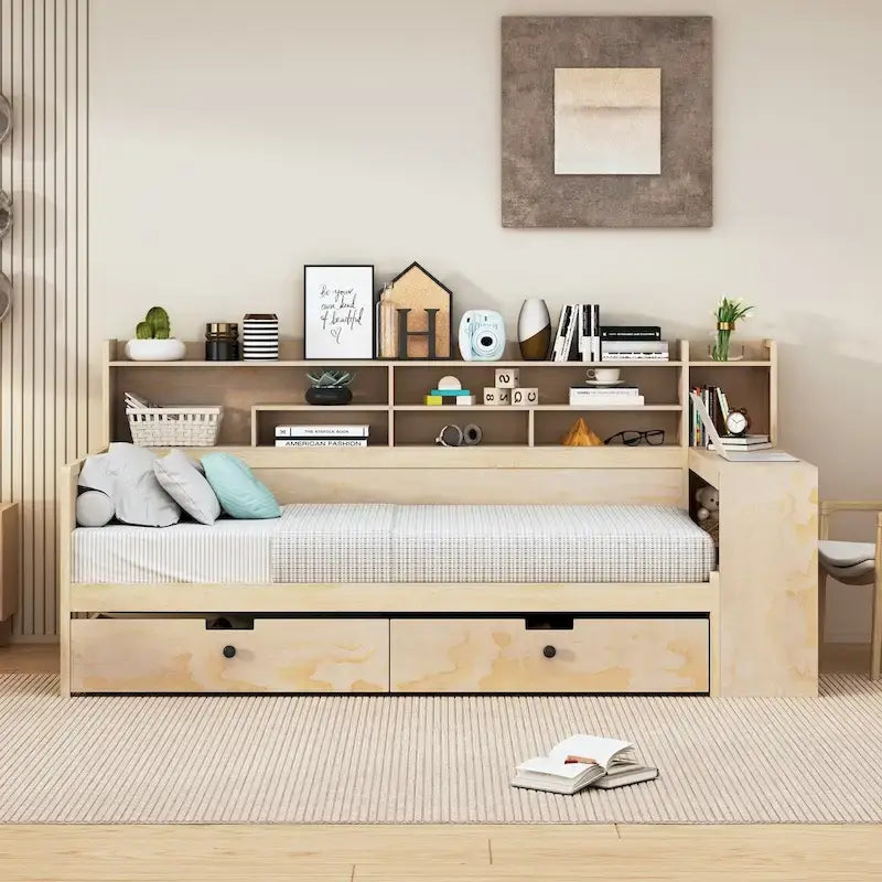 Divano letto singolo in legno con mensole portaoggetti, letto multifunzione con due cassetti e scrivania