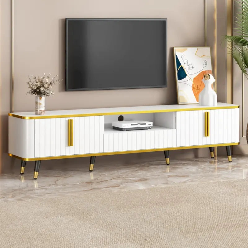 Mobile TV Minimalista di Lusso con Ripiano Aperto per TV Fino a 85 Pollici, Centro Intrattenimento con Armadietti e Cassetti