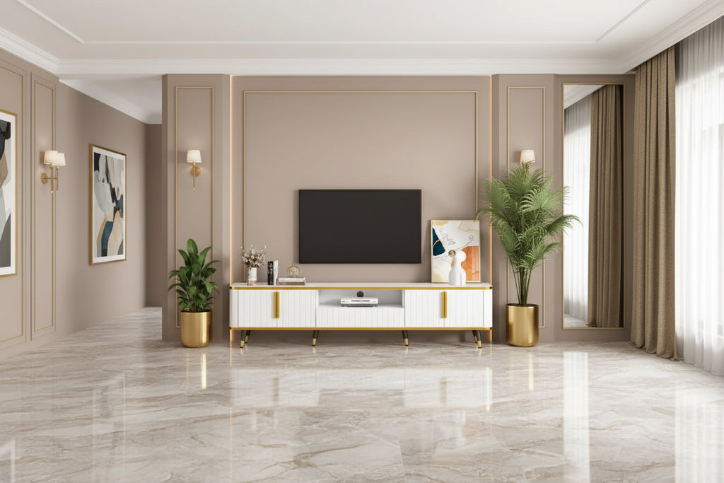 Mobile TV Minimalista di Lusso con Ripiano Aperto per TV Fino a 85 Pollici, Centro Intrattenimento con Armadietti e Cassetti